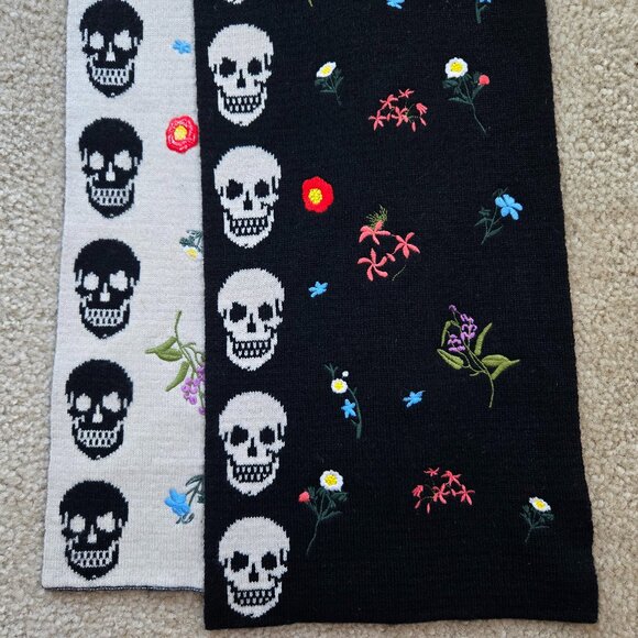 Skull Cashmere Accessories - Skull Cashmere Embroidered Wool/Cashmere Scarf Skulls and Flowers